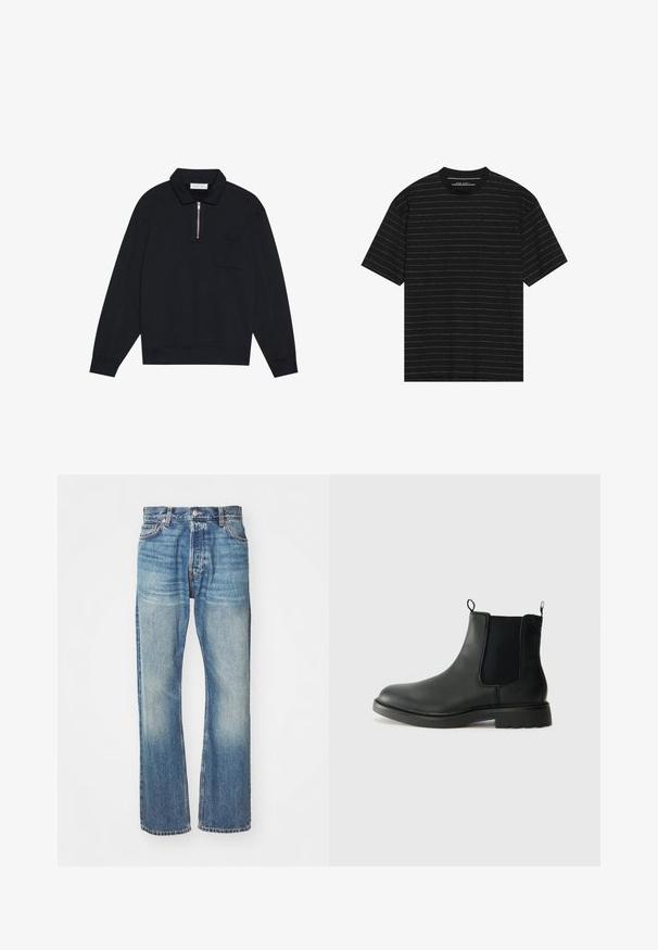 Pier One Camisola - black; T-shirt preto de manga curta com finas riscas horizontais brancas. Feito de um tecido suave com decote redondo e corte descontraído.; Jeans de denim azul-claro com um design clássico de perna reta, acabamento desbotado e costura visível em toda a peça. Apresenta bolsos frontais e passadores de cinto.; Botas Chelsea em couro preto com painéis laterais elásticos, alças de puxar, bico arredondado e solado de borracha texturizada. Superfície lisa e design robusto.