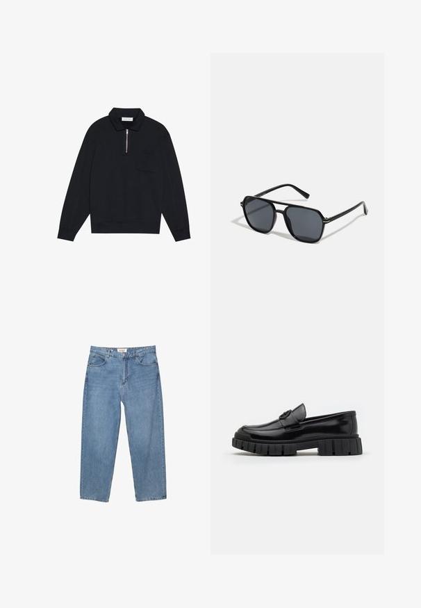 Pier One Mikina - black; Světle modré džíny s rovnými nohavicemi, pět kapsovým designem a viditelným logem značky na pase.; Černé kožené mokasíny s tlustou, vroubkovanou gumovou podrážkou. Mají zaoblenou špičku a dekorativní pásek s logem. Hladký povrch.; Černé sluneční brýle s osmiúhelníkovým rámem, tmavými čočkami, lesklým povrchem, tenkými nožičkami a zlatými akcenty na přední části.