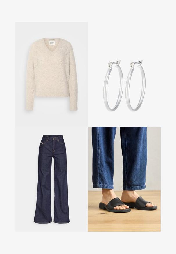 Pull à col en V, à manches longues, en beige clair, présentant un motif tricoté texturé avec des motifs en diamant et des poignets et un ourlet côtelés.; Jeans ample bleu foncé en denim avec taille haute, ornés de surpiqûres orange, d'un design à cinq poches et d'une fermeture à bouton.; Des sandales noires à enfiler en matériau lisse, avec un bout ouvert et une large bande supérieure, sur un pantalon en denim foncé à coupe droite.; Boucles d'oreilles en argent avec une finition lisse et polie. Forme ronde et fermeture à clip sécurisée. Design léger adapté pour un port quotidien.