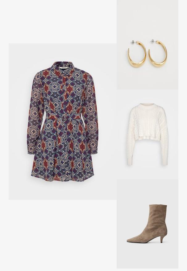 Off-white lyhythihainen palmikkoneulepusero, jossa on pitkät hihat, ribbaus kauluksessa ja hihoissa, esillä yksinkertaisella taustalla.; Paita-mekko, jossa on värikäs geometrinen kuvio punaisessa, sinisessä ja kermanvärisessä, vyötärölle vyötetty ja pitkät hihat. Valmistettu kevyestä kankaasta.; Ruskeat mokkanahkakengät nilkkamittaisella varrella, terävässä kärjessä ja lyhyellä, hoikalla korolla. Sileä pinta ja yksinkertainen, saumat-on muotoilu.; Kultaiset rengas korvakorut, joilla on sileä, kaareva muotoilu. Valmistettu metallista, jossa on tyylikäs viimistely ja takana kiinnitettävä suljenta.