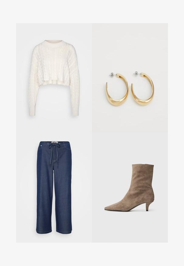 Krém színű, cropped méretű, sodrott kötésű pulóver hosszú ujjakkal és bordázott kerek nyakkivágással, valamint bordázott mandzsettákkal, egyszerű háttér előtt bemutatva.; Sötétkék, bő szárú nadrág, húzózsinórral deréknál, elülső zsebekkel és látható fehér varrással.; Barna velúr bokacsizma hegyes orral és rövid, karcsú sarokkal. Simább textúra, egyszerű, varrás nélküli dizájnnal.; Aranyszínű karika fülbevalók sima, ívelt dizájnnal. Fémből készültek, elegáns kivitelben, és tűzáras zárással rendelkeznek.