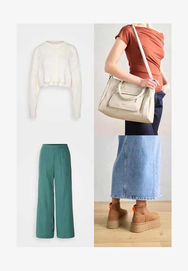 Suéter corto de punto trenzado color blanco roto con mangas largas, cuello redondo acanalado y puños, exhibido sobre un fondo liso.; Pantalones de pierna ancha en un color azul verdoso sólido, con cintura elástica y una tela ligera y texturizada. Adecuados para un uso informal.; Botas de plataforma de ante marrón con paneles laterales elásticos y tiradores naranjas, combinadas con una falda de mezclilla ligera hasta la rodilla sobre un suelo de madera.; Bolso de mano de cuero blanco con asas dobles y correa desmontable, con un bolsillo delantero con cremallera y textura suave. Sosteniéndolo en el brazo de una persona.; Pendiente de aro de plata con un acabado pulido, que presenta pequeños detalles en dorado y una forma redonda, llevado en el lóbulo.