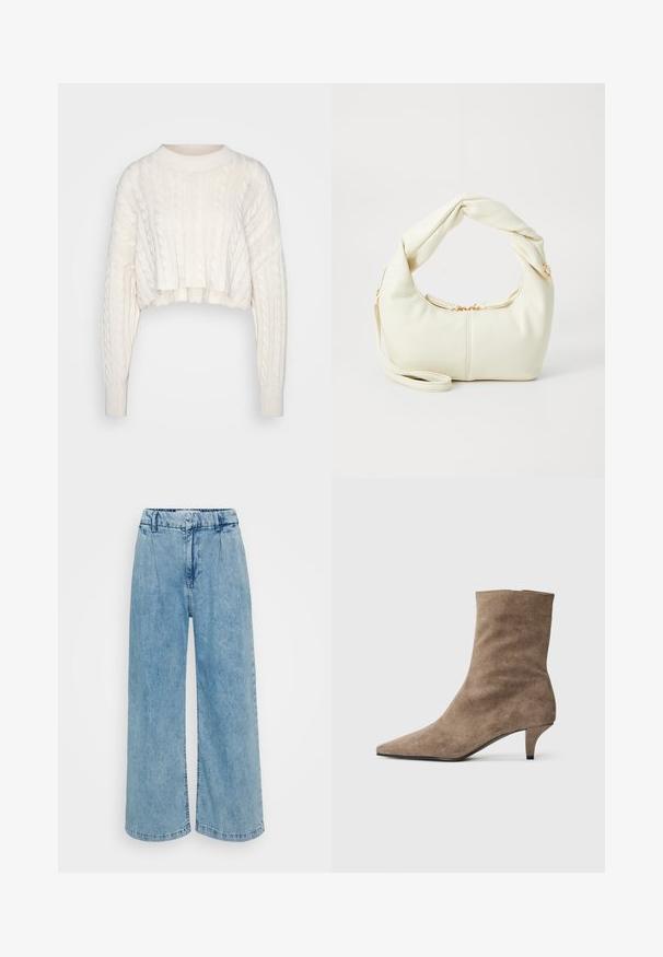 Off-white cropped cable-knit sweater with long sleeves and a ribbed crew neckline and cuffs, displayed on a plain background.; Light blue denim wide-leg trousers with a high waistband, featuring pleats, a smooth texture, and finished hems.; Brown suede ankle boot with a pointed toe and a short, slender heel. Smooth texture with a simple, seam-free design.; White faux leather handbag with a knotted handle, zip closure, gold hardware accents, and a rounded shape.; Gold-colored hoop earrings with a smooth, curved design. Made of metal, featuring a sleek finish and post-back closure.