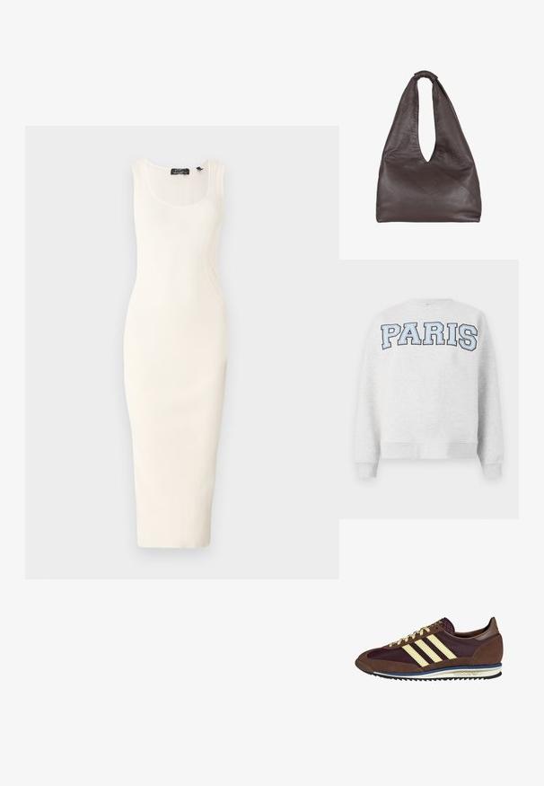 Sivina dukserica z napisom "PARIZ" v svetlo modri barvi na sprednji strani. Ima okroglo izrez in rebraste manšete ter rob.; Rebrast, brezrokavna midi obleka v off-white barvi z oprijetim silhueto. Ima okrogel izrez in subtilne lepo oblikovane šive.; Rjavi in rdeče-burgundske teniske iz usnja in mrežastega materiala, ki imajo tri smetane stripe, teksturirano blago na jeziku in gumijast podplat.; Rjava usnjena torba s spuščeno, prenapolnjeno zasnovo. Ima zanko za ročaj in globok V-izrez za enostaven dostop. Mehka tekstura, minimalistični slog.