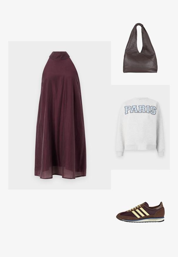 Harmaa collegepaita, jonka edessä on paksu vaaleansininen teksti "PARIS". Paita on pyöreäkauluksinen ja siinä on ribbaus hihansuissa ja helmassa.; Viinipunainen, hihaton mekko, jossa on korkea kaulus ja valuva siluetti. Kevyt kangas laskeutuu polven pituuteen, ja siinä on sileä rakenne.; Ruskea ja burgundin värinen lenkkari, jossa on yksityiskohtina mokkaa ja verkkomateriaalia, kolmea kermaista raitaa, tekstuuripinta kielekkeessä ja kumipohja.; Ruskea nahkabag, jossa on roikkumaiseen ja ylisuureen tyyliin. Varustettu silmukkakahvalla ja syvällä V-leikkausaukolla helppoa pääsyä varten. Pehmeä rakenne, minimalistinen tyyli.