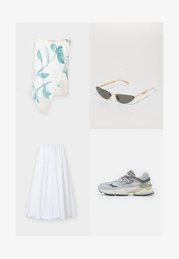 Szürke pulóver, az elején vastag, világoskék betűkkel „PARIS” felirattal. Kerek nyakkivágással és bordás mandzsettákkal és aljjal rendelkezik.; Könnyű anyagból készült kendő, teal virágmintával, fehér háttérrel. Az egyik vállán csomó részlet található, valamint sima textúrájú.; Fehér, bokáig érő szoknya, elastikus derekkal, könnyű anyagból, sima textúrával és lebegő sziluettel.; Szürke velúr és hálós sneaker vastag fehér és bézs talppal, kiemelkedő fehér logóval és piros részletekkel.; Arany keretes napszemüveg sötétszürke lencsékkel. Egyedi macskaszem forma. A szárakon váltakozó arany gyöngyök és gyöngy díszek találhatók.