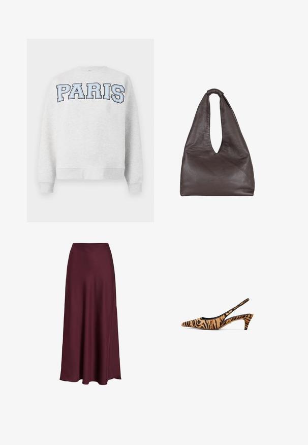 Grijze sweatshirt met "PARIS" in vet, lichtblauwe letters over de voorkant. Heeft een ronde halslijn en ribgebreide manchetten en zoom.; Bordeaux satijnen maxi rok met een zachte textuur, hoge taille en een vloeiende silhouet die zachtjes uitloopt naar de zoom.; Schoen met spitse neus en slingback in oranje en zwart tijgerprint stof, met een slanke hak en een open achterkant ontwerp voor ademend vermogen.; Bruine leren tas met een slappe, oversized uitstraling. Beschikt over een lusvormige handgreep en een diepe V-vormige opening voor gemakkelijke toegang. Zachte textuur, minimalistische stijl.