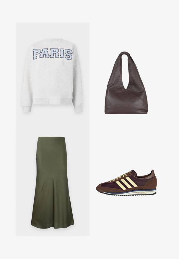 Szürke pulóver, az elején vastag, világoskék betűkkel „PARIS” felirattal. Kerek nyakkivágással és bordás mandzsettákkal és aljjal rendelkezik.; Olíva zöld, testhezálló midi szoknya selyem anyagból, amelynél a szegélyenél enyhén bővül, fehér háttér előtt kiállítva.; Barna és bordó sneaker velúr és hálós anyagból, három krémcsíkkal, texturált anyaggal a nyelvén és gumitalppal.; Barna bőrtáska laza, túlnyúló dizájnnal. Hurok fogantyúval és mély V-alakú nyílással rendelkezik a könnyű hozzáférés érdekében. Puha textúra, minimalista stílus.