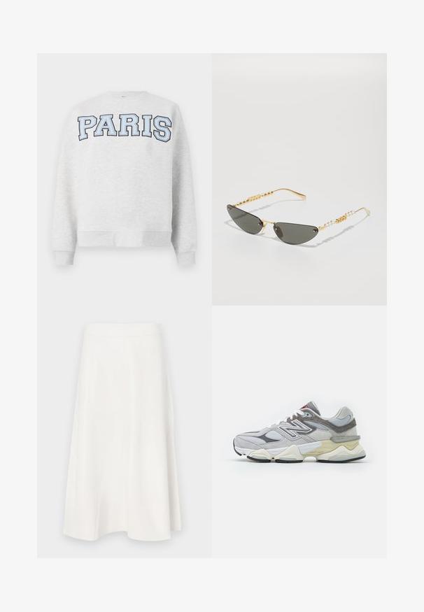 Sivina dukserica z napisom "PARIZ" v svetlo modri barvi na sprednji strani. Ima okroglo izrez in rebraste manšete ter rob.; Bela A-linija krila iz gladkega blaga, z visokim pasom in subtilnimi šivi, ki se zožuje do razširjenega dna.; Sive usnjene in mrežaste teniske z debelim belim in bež podplatom, ki imajo opazen bel logotip in rdeče poudarke.; Sončna očala z zlatim okvirjem in temno sivo lečo. Edinstvena oblika mačjih oči. Na ščitu se izmenjujejo zlate perle in biserne okraske.