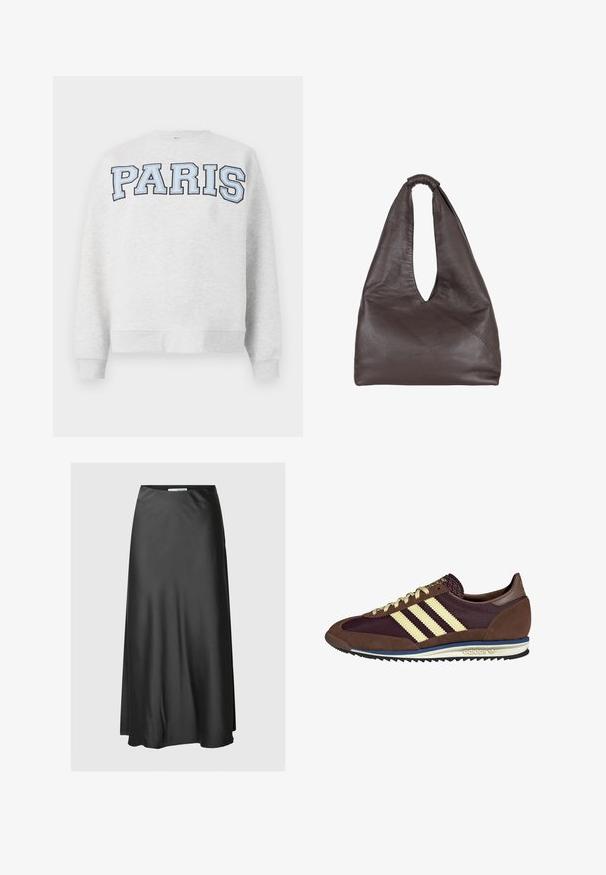 Felpa grigia con la scritta "PARIS" in carattere grassetto e blu chiaro sulla parte anteriore. Presenta un collo rotondo e polsini e orlo a coste.; Gonna maxi in satin nera con una texture liscia, silhouette dritta e un elastico in vita per un fit confortevole.; Sneaker marrone e bordeaux realizzato in materiali scamosciati e in rete, caratterizzato da tre strisce color crema, tessuto testurizzato sulla linguetta e suola in gomma.; Borsa in pelle marrone con un design morbido e oversize. Presenta un manico ad anello e un'apertura a V profonda per un accesso facile. Texture morbida, stile minimalista.