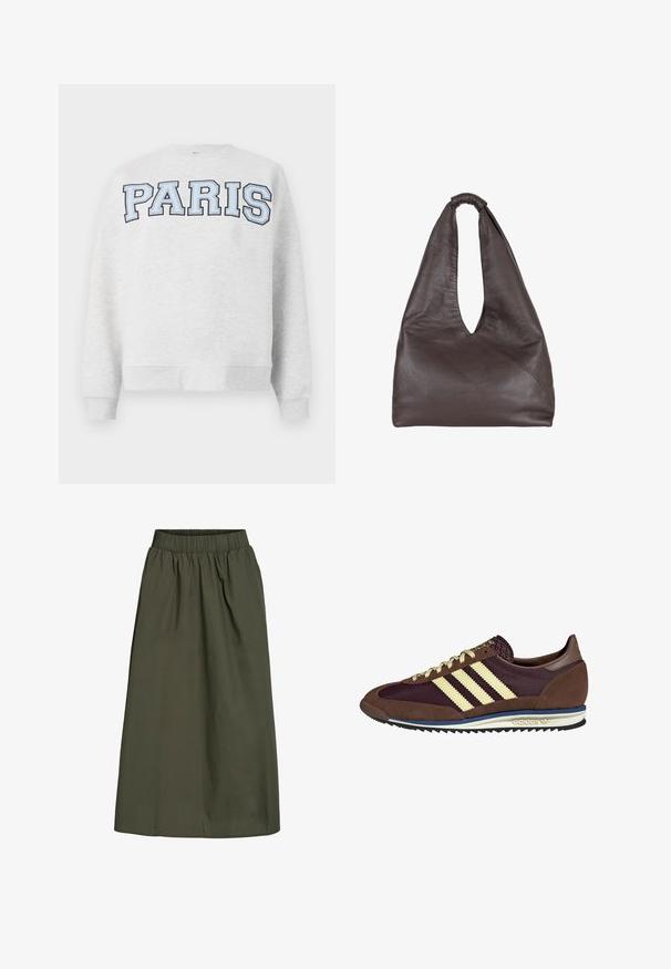Gray sweatshirt with "PARIS" in bold, light blue lettering across the front. Features a round neckline and ribbed cuffs and hem.; Olive green, ankle-length skirt with gathered elastic waistband and a smooth, slightly wrinkled fabric texture.; Brown and burgundy sneaker with suede and mesh materials, featuring three cream stripes, textured fabric on the tongue, and a rubber sole.; Brown leather bag with a slouchy, oversized design. Features a loop handle and a deep V-cut opening for easy access. Soft texture, minimalist style.