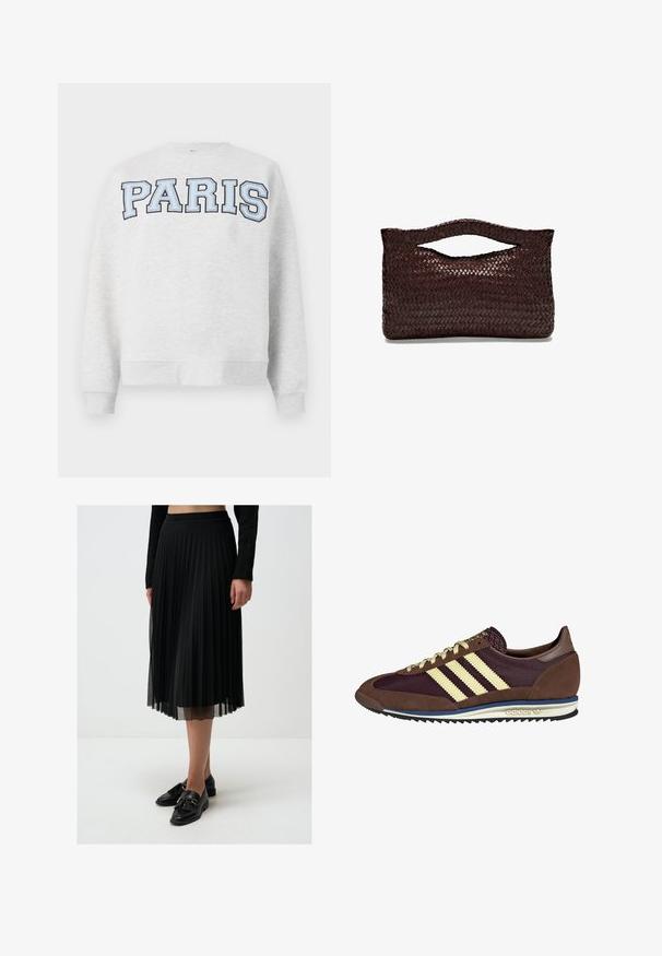 Grijze sweatshirt met "PARIS" in vet, lichtblauwe letters over de voorkant. Heeft een ronde halslijn en ribgebreide manchetten en zoom.; Zwarte geplooide rok van lichtgewicht stof, met een doorzichtige overlay, een aansluitende tailleband en een vloeiende silhouet.; Bruine en bordeauxkleurige sneaker van suede en mesh materiaal, met drie crèmekleurige strepen, een gemêleerd stof op de tong en een rubberen zool.; Geweven bruin leren handtas met een afgeronde bovenhandgreep en een open silhouet, met een gestructureerd oppervlak en een strak, minimalistisch ontwerp.