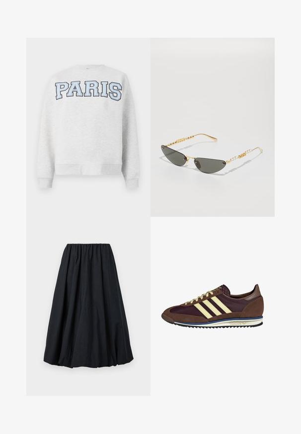 Sweatshirt gri cu "PARIS" scris cu litere mari, de culoare albastru deschis, pe față. Are un guler rotund și manșete și tiv ribbate.; Fustă neagră cu talie elastică, până la genunchi, realizată dintr-un material texturat, având o siluetă plină cu drapaje subtile.; Sneaker maro și burgund cu materiale din suede și plasă, având trei dungi crem, țesătură texturată pe limbă și o talpă din cauciuc.; Ochelari de soare cu ramă aurie și lentile de un gri închis. Formă unică, tip cat-eye. Temele sunt decorate cu mărgele aurii alternative și accente de perlă.; Geantă din piele maro cu un design oversized, relaxat. Dispune de un mâner în formă de buclă și o deschidere adâncă în formă de V pentru acces ușor. Textură moale, stil minimalist.