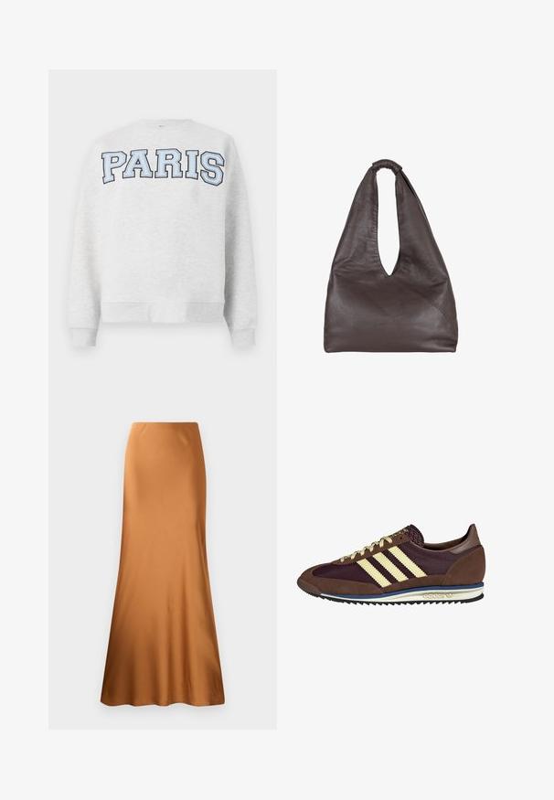 Szürke pulóver, az elején vastag, világoskék betűkkel „PARIS” felirattal. Kerek nyakkivágással és bordás mandzsettákkal és aljjal rendelkezik.; Barna selyem maxi szoknya, szabott derékkal és fodros aljjal. Sima textúra, egyszínű, minták vagy látható fémalkatrészek nélkül.; Barna és bordó sneaker velúr és hálós anyagból, három krémcsíkkal, texturált anyaggal a nyelvén és gumitalppal.; Barna bőrtáska laza, túlnyúló dizájnnal. Hurok fogantyúval és mély V-alakú nyílással rendelkezik a könnyű hozzáférés érdekében. Puha textúra, minimalista stílus.
