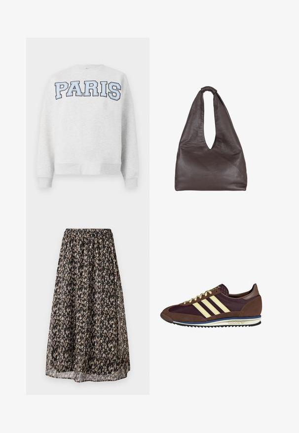 Harmaa collegepaita, jonka edessä on paksu vaaleansininen teksti "PARIS". Paita on pyöreäkauluksinen ja siinä on ribbaus hihansuissa ja helmassa.; Musta midi-hame kevytkangasta, jossa on kukkakuosi tan- ja kerma-väreissä. Joustava vyötärö vyö, joka mahdollistaa säädettävän istuvuuden.; Ruskea ja burgundin värinen lenkkari, jossa on yksityiskohtina mokkaa ja verkkomateriaalia, kolmea kermaista raitaa, tekstuuripinta kielekkeessä ja kumipohja.; Ruskea nahkabag, jossa on roikkumaiseen ja ylisuureen tyyliin. Varustettu silmukkakahvalla ja syvällä V-leikkausaukolla helppoa pääsyä varten. Pehmeä rakenne, minimalistinen tyyli.