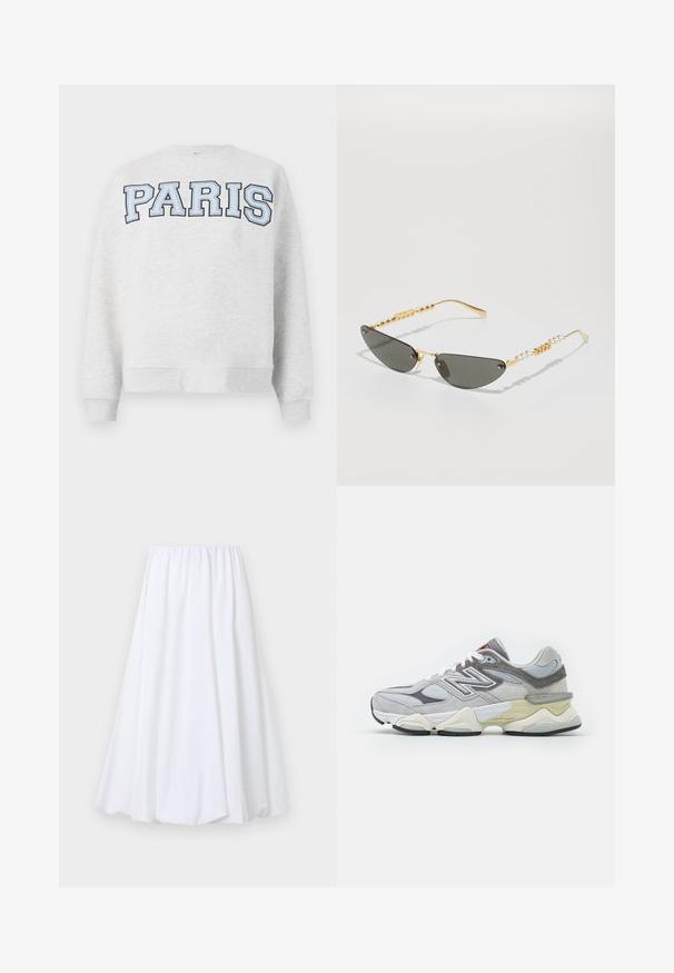 Pilkas džemperis su žodžiu "PARIS" storu šviesiai mėlynu šriftu priekyje. Turi apvalų kaklą ir gysloto dizaino rankogalius bei apačią.; Balta kulkšnies ilgio sijonas su elastinga juosta, pagamintas iš lengvos medžiagos, turinčios lygią tekstūrą ir lengvai krentančią siluetą.; Pilkas zomšinis ir tinklinis sportbačius su storu baltu ir smėlio spalvos padu, featuring ryškų baltą logotipą ir raudonus akcentus.; Auksiniu rėmu aptrauktos saulės akinių su tamsiai pilkais lęšiais. Unikali katės akies forma. Šventyklos puošia pakaitiniai auksiniai karoliukai ir perlų akcentai.
