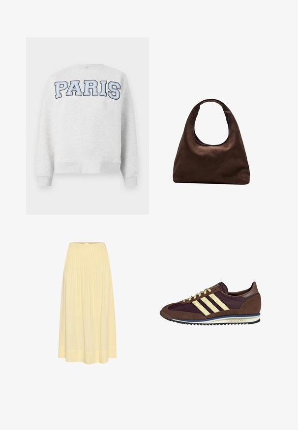 Grauer Sweatshirt mit "PARIS" in fettem, hellblauem Schriftzug auf der Vorderseite. Verfügt über einen runden Halsausschnitt sowie gerippte Bündchen und Saum.; My Essential Wardrobe Maxirock - double cream; Braune und burgunderfarbene Sneaker aus Wildleder und Mesh-Materialien, mit drei cremefarbenen Streifen, strukturiertem Stoff an der Zunge und einer Gummisohle.; Weiche braune Hobo-Stil Handtasche mit einem einzigen breiten Trageriemen und einer geschwungenen Oberteilöffnung, auf einem weißen Hintergrund präsentiert.