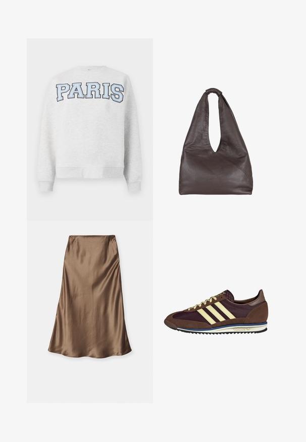 Grijze sweatshirt met "PARIS" in vet, lichtblauwe letters over de voorkant. Heeft een ronde halslijn en ribgebreide manchetten en zoom.; By Malene Birger BOSHAN - A-lijn rok - shitake; Bruine en bordeauxkleurige sneaker van suede en mesh materiaal, met drie crèmekleurige strepen, een gemêleerd stof op de tong en een rubberen zool.; Bruine leren tas met een slappe, oversized uitstraling. Beschikt over een lusvormige handgreep en een diepe V-vormige opening voor gemakkelijke toegang. Zachte textuur, minimalistische stijl.