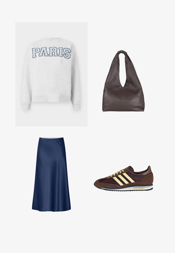 Siva dukserica s natpisom "PARIS" u podebljanim, svijetlo plavim slovima preko prednje strane. Ima okrugli izrez i rebraste rukave i rub.; Satin suknja A-linije u mornarskoj plavoj boji s glatkom teksturom, lepršavim dizajnom i dužinom do sredine. Ima čisti pojas bez dodatnih ukrasa.; Smeđi i burgundski teniski s uzorcima od antilopa i mrežastih materijala, s tri kremaste pruge, teksturiranim materijalom na jeziku i gumeni potplat.; Smeđa kožna torba s opuštenim, prevelikim dizajnom. Ima ručku s petljom i dubokim V-izrezom za lakši pristup. Mekana tekstura, minimalistički stil.