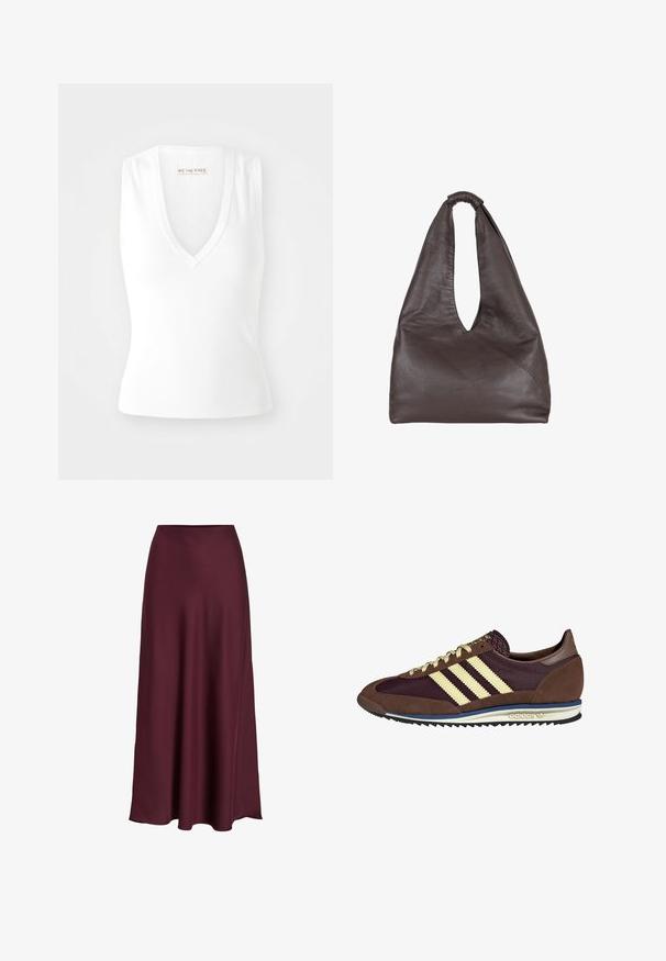 Hallgray dressipluus, mille ees on boldis helesinised tähed "PARIS". Omab ümmargust kaelust ning soonikkoes mansette ja alumist äärt.; Valge ilma varrukateta topp V-kaelusega, valmistatud ribakudumist. Omab liibuvat disaini ja sildil "WE THE FREE" sees.; Burgundi satäänist maxi seelik, mis on sileda tekstuuriga, kõrge vöökoht ja voolav siluett, mis laieneb õrnalt allääre suunas.; Pruun ja burgundi värvi tennised, mis on valmistatud karvase ja võrkmaterjaliga, sisaldavad kolme kreemjat triipu, tekstuurset kangast keelt ja kummist talla.; PRUUNIST nahk-kott, millel on lõtv ja üle suuruse disain. Varustatud silmadega käepideme ja sügava V-lõikega avamisega lihtsaks ligipääsuks. Pehme tekstuur, minimalistlik stiil.