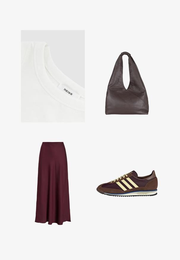 Šedá mikina se slovem "PARIS" napsaným tučným, světle modrým písmem přes přední stranu. Má kulatý výstřih a žebrované manžety a lem.; Bílý bavlněný tričko s kulatým výstřihem a šitými detaily; štítek zní "REISS." Hladká textura, jednoduchý design.; Burgundská saténová maxi sukně s hladkým povrchem, vysokým pasem a splývavým siluetem, které se jemně rozšiřuje směrem k lemování.; Hnědé a burgundské tenisky z semiše a síťoviny, s třemi krémovými pruhy, texturovaným materiálem na jazyku a gumovou podrážkou.; Hnědá kožená taška s uvolněným, přeplněným designem. Disponuje smyčkovou rukojetí a hlubokým V-výřezem pro snadný přístup. Měkká textura, minimalistický styl.