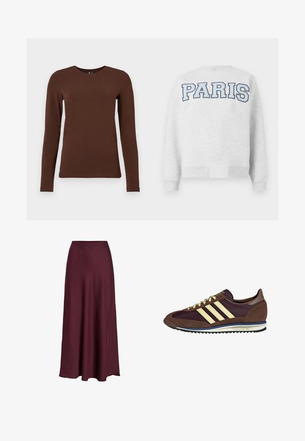 Grå hettegenser med "PARIS" i fet, lyseblå skrift over fronten. Har rund halsutringning og ribbede mansjetter og fald.; Langermet brun bomulls T-skjorte med rund hals. Jevn tekstur og tettsittende form med minimale sømmer og uten mønstre eller aksenter.; Burgunderfarget sateng maxi-skjørt med en glatt tekstur, høy midje og en flytende silhuett som svinger forsiktig utover mot kanten.; Brune og burgunder sneakers i semsket og mesh-materiale, med tre kremfargede striper, teksturert stoff på tungen, og en gummisåle.