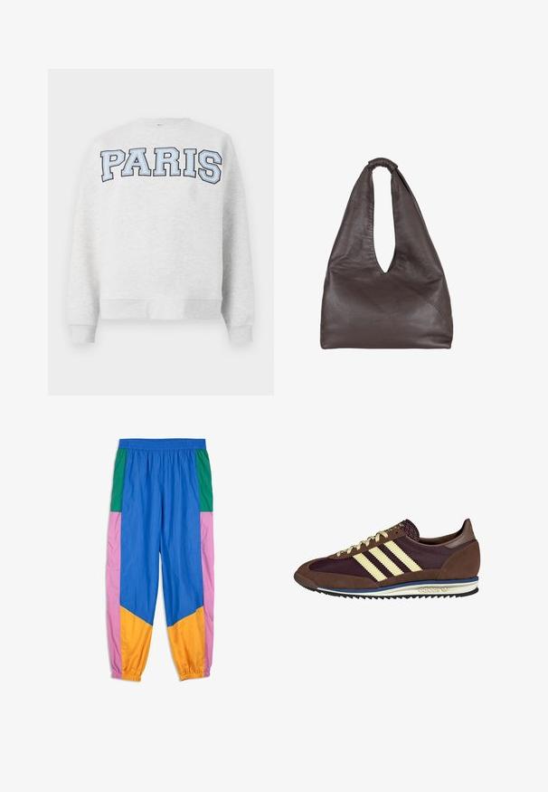 Grå sweatshirt med "PARIS" i fed, lyseblå skrift tværs over fronten. Har en rund halsudskæring samt ribbede manchetter og kant.; Farverige løbebukser med paneler i blå, grøn, pink og orange. Lavet af letvægtsstof med elastisk talje og manchetter.; Brune og bordeaux sneakers lavet af ruskind og mesh-materialer, med tre cremefarvede striber, tekstureret stof på tungen, og en gummisål.; Brun lædertaske med en slaskende, overdimensioneret design. Har et løkkegreb og en dyb V-formet åbning for nem adgang. Blød tekstur, minimalistisk stil.