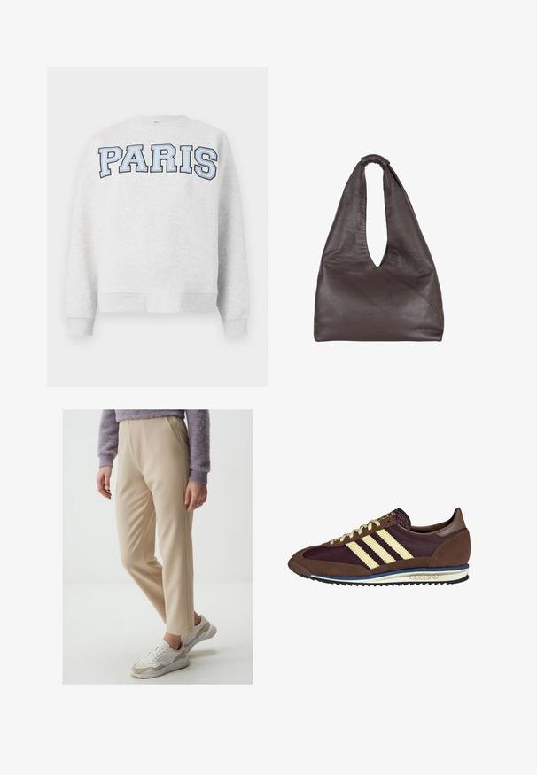 Grauer Sweatshirt mit "PARIS" in fettem, hellblauem Schriftzug auf der Vorderseite. Verfügt über einen runden Halsausschnitt sowie gerippte Bündchen und Saum.; Beige maßgeschneiderte Hose mit glatter Textur, ausgestattet mit vorderen Falten und schmalem Schnitt. Kombiniert mit weißen und beigen Sneakers.; Braune und burgunderfarbene Sneaker aus Wildleder und Mesh-Materialien, mit drei cremefarbenen Streifen, strukturiertem Stoff an der Zunge und einer Gummisohle.; Braune Lederhandtasche mit einem lässigen, übergroßen Design. Verfügt über einen Schlaufenhandgriff und eine tiefe V-förmige Öffnung für einfachen Zugang. Weiche Textur, minimalistischer Stil.