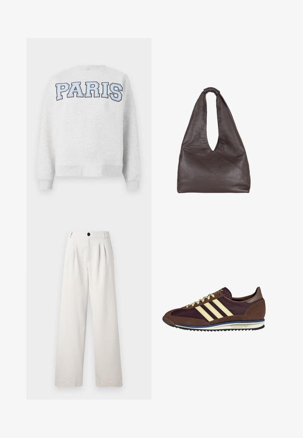 Szürke pulóver, az elején vastag, világoskék betűkkel „PARIS” felirattal. Kerek nyakkivágással és bordás mandzsettákkal és aljjal rendelkezik.; Sima anyagból készült bézs, bő szabású nadrág, elöl rakott részletekkel, egygombos záródással és oldalsó zsebekkel a praktikusság érdekében.; Barna és bordó sneaker velúr és hálós anyagból, három krémcsíkkal, texturált anyaggal a nyelvén és gumitalppal.; Barna bőrtáska laza, túlnyúló dizájnnal. Hurok fogantyúval és mély V-alakú nyílással rendelkezik a könnyű hozzáférés érdekében. Puha textúra, minimalista stílus.