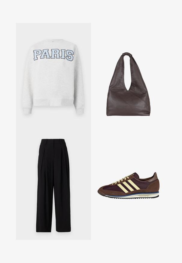 Sweatshirt gris avec "PARIS" en lettres bleu clair en gras sur le devant. Présente un col rond et des poignets et un ourlet côtelés.; Pantalons larges noirs en tissu lisse, dotés d'une taille haute, de plis à l'avant et d'une silhouette fluide.; Baskets marron et bordeaux avec des matériaux en daim et en maille, présentant trois rayures crème, un tissu texturé sur la languette et une semelle en caoutchouc.; Sac en cuir marron avec un design ample et décontracté. Équipé d'une poignée en boucle et d'une ouverture en V profonde pour un accès facile. Texture douce, style minimaliste.
