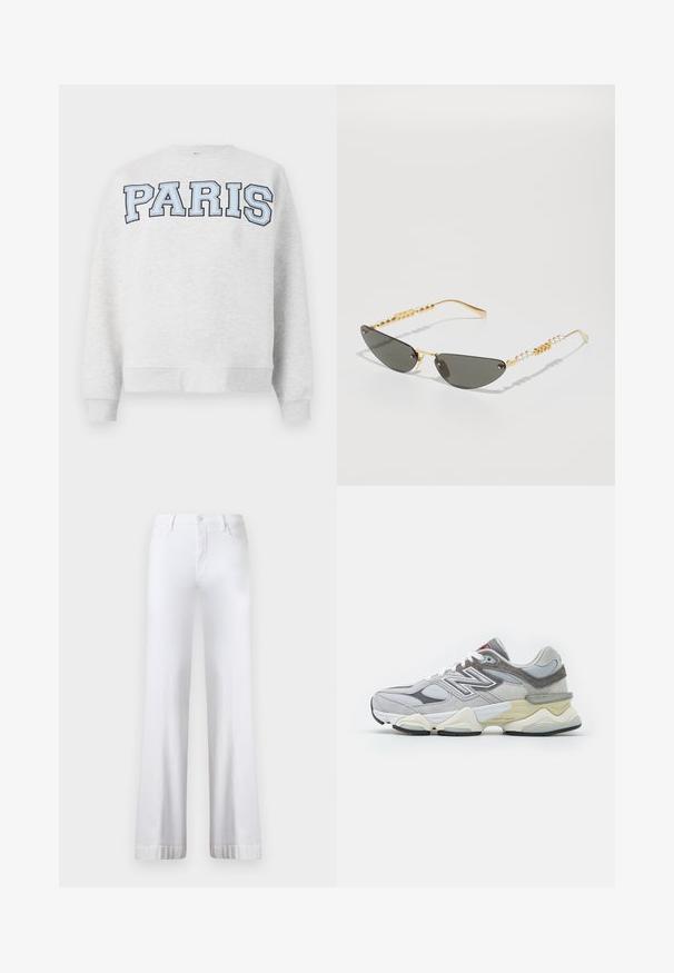 Hallgray dressipluus, mille ees on boldis helesinised tähed "PARIS". Omab ümmargust kaelust ning soonikkoes mansette ja alumist äärt.; Valged laiad püksid kõrge vöökohaga, millel on nööbkinnitus, viie-tasku disain ja rullitud äärised. Valmistatud denimpaneelist.; Hallus halli nahast ja võrgust tennisekott, millel on paks valge ja beež tald, silmapaistva valge logoga ja punaste aktsentdetailidega.; Kuldraamidega prillid tumedate hallide läätsedega. Ainulaadne kassisilma kuju. Templiosas vahelduvad kuldsed helmed ja pärliraamid.