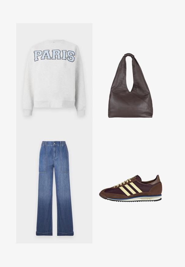 Sweatshirt gris avec "PARIS" en lettres bleu clair en gras sur le devant. Présente un col rond et des poignets et un ourlet côtelés.; Pantalons larges en denim bleu avec une taille élastique, deux poches avant et des coutures contrastées. Le tissu a une finition lisse et légèrement texturée.; Baskets marron et bordeaux avec des matériaux en daim et en maille, présentant trois rayures crème, un tissu texturé sur la languette et une semelle en caoutchouc.; Sac en cuir marron avec un design ample et décontracté. Équipé d'une poignée en boucle et d'une ouverture en V profonde pour un accès facile. Texture douce, style minimaliste.