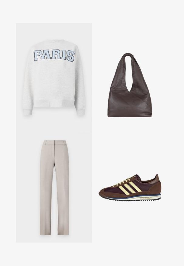 Harmaa collegepaita, jonka edessä on paksu vaaleansininen teksti "PARIS". Paita on pyöreäkauluksinen ja siinä on ribbaus hihansuissa ja helmassa.; Vaaleanbeige räätälöidyt housut suoran lahkeen muotoilulla. Valmistettu teksturoidusta kankaasta, jossa on tasainen etuosa ja vyölenkit.; Ruskea ja burgundin värinen lenkkari, jossa on yksityiskohtina mokkaa ja verkkomateriaalia, kolmea kermaista raitaa, tekstuuripinta kielekkeessä ja kumipohja.; Ruskea nahkabag, jossa on roikkumaiseen ja ylisuureen tyyliin. Varustettu silmukkakahvalla ja syvällä V-leikkausaukolla helppoa pääsyä varten. Pehmeä rakenne, minimalistinen tyyli.