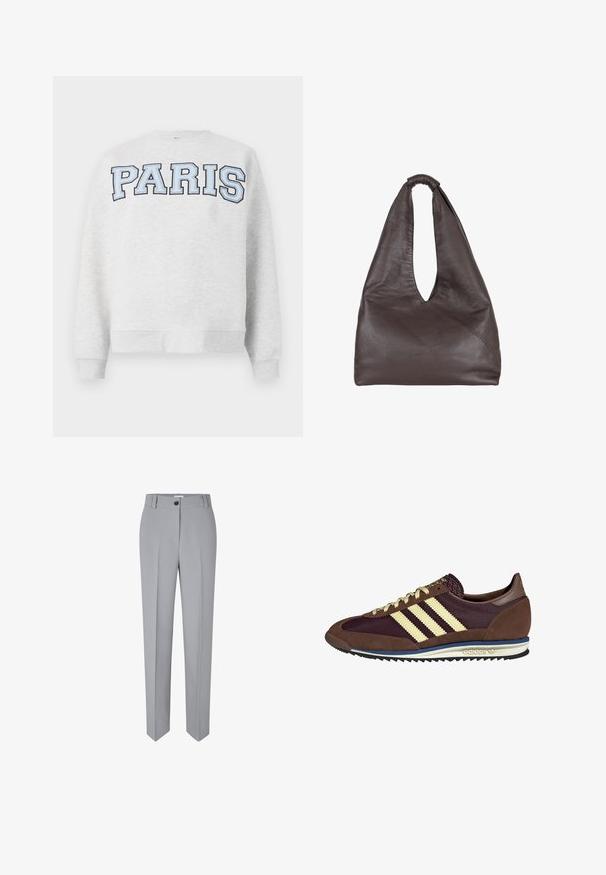 Pilkas džemperis su žodžiu "PARIS" storu šviesiai mėlynu šriftu priekyje. Turi apvalų kaklą ir gysloto dizaino rankogalius bei apačią.; Pilkos pritaikytos kelnės su tiesia kojomis, pagamintos iš lygaus audinio. Papuoštos priekyje esančiu mygtukų uždarymu ir dviem priekinėmis kišenėmis.; Rudi ir burgundiški sportbačiai, pagaminti iš suedės ir tinklinės medžiagos, su trimis grietinėlės spalvos juostelėmis, tekstūruota medžiaga ant liežuvėlio ir guminis padas.; Rudas odinė rankinė su krentančiu, dideliu dizainu. Pasirinkta kilpos rankena ir gili V-formos ertmė patogiam prieigai. Minkštas audinys, minimalistinis stilius.