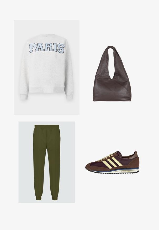 Grauer Sweatshirt mit "PARIS" in fettem, hellblauem Schriftzug auf der Vorderseite. Verfügt über einen runden Halsausschnitt sowie gerippte Bündchen und Saum.; Olivgrüne Jogginghosen aus glattem Stoff, mit einem elastischen Bund, schmal zulaufenden Beinabschlüssen und seitlichen Taschen für zusätzliche Funktionalität.; Braune und burgunderfarbene Sneaker aus Wildleder und Mesh-Materialien, mit drei cremefarbenen Streifen, strukturiertem Stoff an der Zunge und einer Gummisohle.; Braune Lederhandtasche mit einem lässigen, übergroßen Design. Verfügt über einen Schlaufenhandgriff und eine tiefe V-förmige Öffnung für einfachen Zugang. Weiche Textur, minimalistischer Stil.