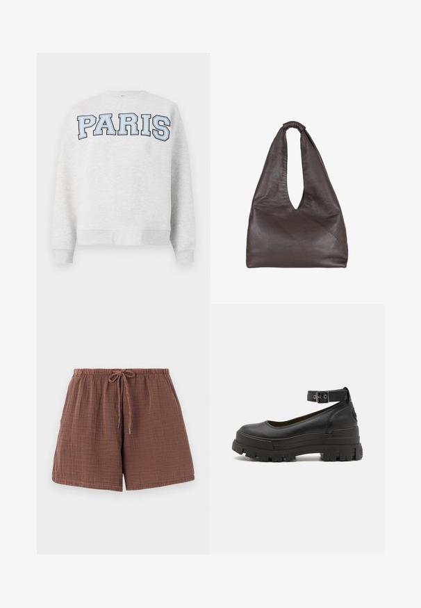 Grå sweatshirt med "PARIS" i fed, lyseblå skrift tværs over fronten. Har en rund halsudskæring samt ribbede manchetter og kant.; Brune bomuldsbukser med en tekstureret, krøllet finish, elastisk talje og snor. Midt på låret længde med en afslappet pasform.; Buffalo ASPHA - Plateaupumps - black; Brun lædertaske med en slaskende, overdimensioneret design. Har et løkkegreb og en dyb V-formet åbning for nem adgang. Blød tekstur, minimalistisk stil.