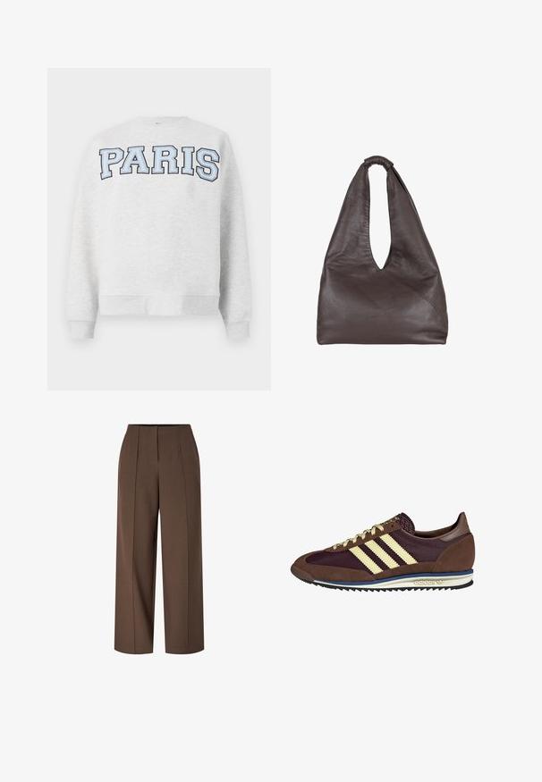 Grå hettegenser med "PARIS" i fet, lyseblå skrift over fronten. Har rund halsutringning og ribbede mansjetter og fald.; Brune høyhælte, vide bukser med frontfold og skjult glidelås foran.; Brune og burgunder sneakers i semsket og mesh-materiale, med tre kremfargede striper, teksturert stoff på tungen, og en gummisåle.; Brun lærveske med en avslappet, overdimensjonert design. Har en løkkehåndtak og en dyp V-formet åpning for enkel tilgang. Myk tekstur, minimalistisk stil.