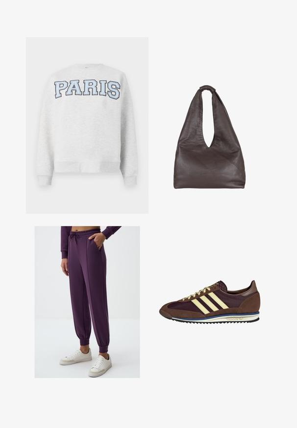 Grijze sweatshirt met "PARIS" in vet, lichtblauwe letters over de voorkant. Heeft een ronde halslijn en ribgebreide manchetten en zoom.; Paarse sweatpants met elastische tailleband en boorden, met twee zijzakken en een gladde textuur. Gecombineerd met witte sneakers.; Bruine en bordeauxkleurige sneaker van suede en mesh materiaal, met drie crèmekleurige strepen, een gemêleerd stof op de tong en een rubberen zool.; Bruine leren tas met een slappe, oversized uitstraling. Beschikt over een lusvormige handgreep en een diepe V-vormige opening voor gemakkelijke toegang. Zachte textuur, minimalistische stijl.