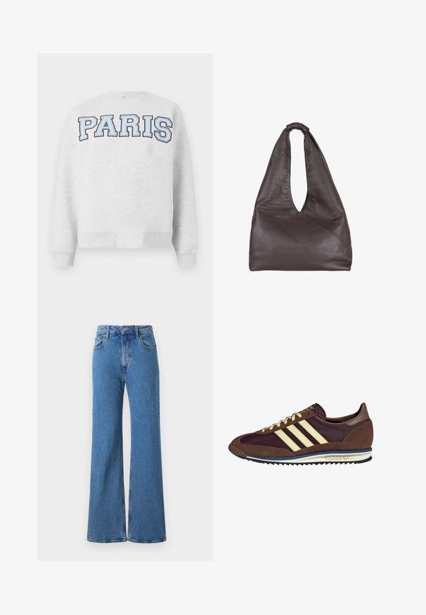 Szürke pulóver, az elején vastag, világoskék betűkkel „PARIS” felirattal. Kerek nyakkivágással és bordás mandzsettákkal és aljjal rendelkezik.; Magas derekú, bő szárú kék farmernadrág, klasszikus öt zsebes kivitelben, nyers szegéllyel, texturált pamut anyagból készült.; Barna és bordó sneaker velúr és hálós anyagból, három krémcsíkkal, texturált anyaggal a nyelvén és gumitalppal.; Barna bőrtáska laza, túlnyúló dizájnnal. Hurok fogantyúval és mély V-alakú nyílással rendelkezik a könnyű hozzáférés érdekében. Puha textúra, minimalista stílus.