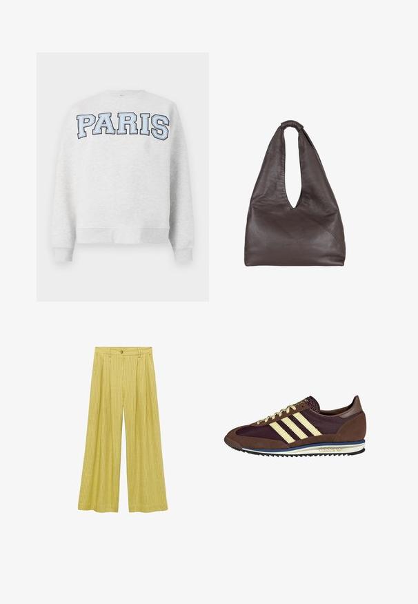 Siva dukserica s natpisom "PARIS" u podebljanim, svijetlo plavim slovima preko prednje strane. Ima okrugli izrez i rebraste rukave i rub.; Hlače širokih nogavica svijetložute boje, s teksturiranim rebrastim uzorkom, visokim strukom s prednjim gumbom i opuštenim krojem.; Smeđi i burgundski teniski s uzorcima od antilopa i mrežastih materijala, s tri kremaste pruge, teksturiranim materijalom na jeziku i gumeni potplat.; Smeđa kožna torba s opuštenim, prevelikim dizajnom. Ima ručku s petljom i dubokim V-izrezom za lakši pristup. Mekana tekstura, minimalistički stil.