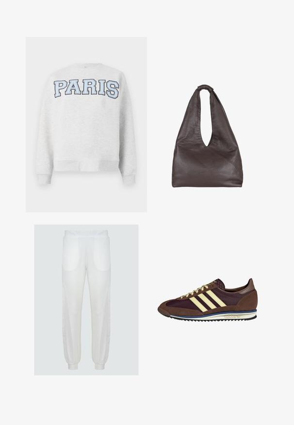 Grauer Sweatshirt mit "PARIS" in fettem, hellblauem Schriftzug auf der Vorderseite. Verfügt über einen runden Halsausschnitt sowie gerippte Bündchen und Saum.; Weiße Jogginghose mit elastischem Bund, Seitentaschen und gerippten Bündchen. Glatter Stoff mit einem leicht lockeren Schnitt und geschwungenen Nähten.; Braune und burgunderfarbene Sneaker aus Wildleder und Mesh-Materialien, mit drei cremefarbenen Streifen, strukturiertem Stoff an der Zunge und einer Gummisohle.; Braune Lederhandtasche mit einem lässigen, übergroßen Design. Verfügt über einen Schlaufenhandgriff und eine tiefe V-förmige Öffnung für einfachen Zugang. Weiche Textur, minimalistischer Stil.