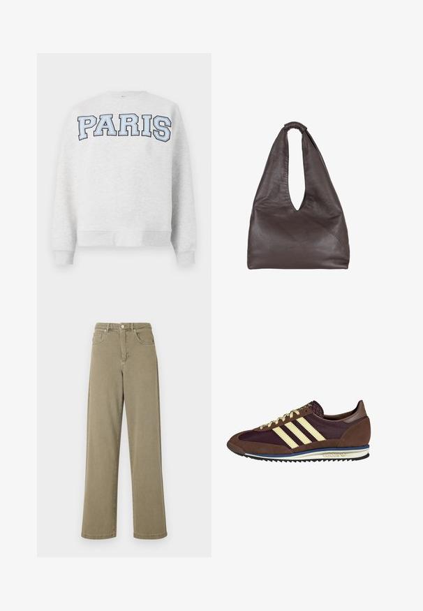 Šedá mikina s nápisom "PARÍŽ" v tučnom svetlomodrom písmene napísaným na prednej strane. Má okrúhly výstrih a rebrované manžety a lem.; Olive zelené široké džínsy vyrobené z denimu, s vysokým pásom, piatimi vreckami a jemnými prešívacími detailami.; Hnedé a bordové tenisky z semišu a sieťoviny, s tromi krémovými pruhmi, textúrovanou tkaninou na jazyku a gumovou podrážkou.; Hnedá kožená taška s uvoľneným, nadrozmerným dizajnom. Obsahuje slučkovú rukoväť a hlboké vykrojenie do V pre jednoduchý prístup. Mäkka textúra, minimalistický štýl.