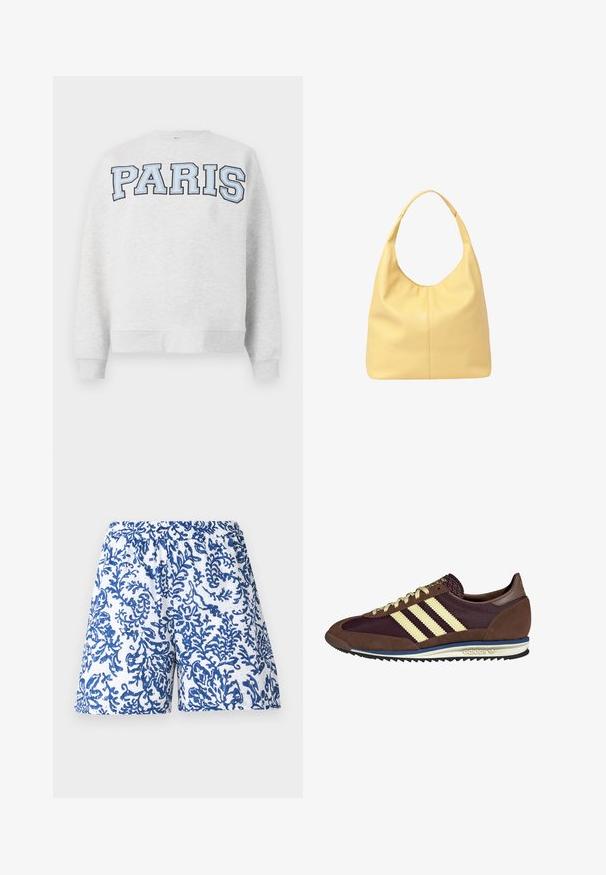 Gray sweatshirt with "PARIS" in bold, light blue lettering across the front. Features a round neckline and ribbed cuffs and hem.; Printed shorts in white fabric featuring a blue coral design. Elastic waistband, loose fit, and smooth texture.; Brown and burgundy sneaker with suede and mesh materials, featuring three cream stripes, textured fabric on the tongue, and a rubber sole.; Yellow leather hobo bag with a curved handle, soft texture, and subtle seam detailing on the front, offering a spacious design.