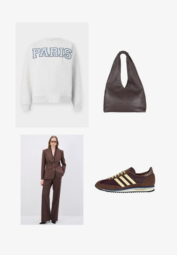 Szara bluza z napisem "PARIS" w odważnym, jasnoniebieskim kolorze na przodzie. Charakteryzuje się okrągłym dekoltem oraz ściągaczami przy rękawach i dołem.; Brąsłowy garnitur skrojony na miarę z marynarką z klapami i dopasowanymi szerokimi spodniami. Posiada teksturowany materiał i złote guziki.; Brązowe i burgundowe sneakersy wykonane z zamszu i siateczkowych materiałów, z trzema kremowymi paskami, teksturowanym materiałem na języku i gumową podeszwą.; Brązowa skórzana torba o luźnym, oversize'owym kroju. Posiada pętle do noszenia oraz głębokie V-kształtne otwarcie dla łatwego dostępu. Miękka tekstura, minimalistyczny styl.