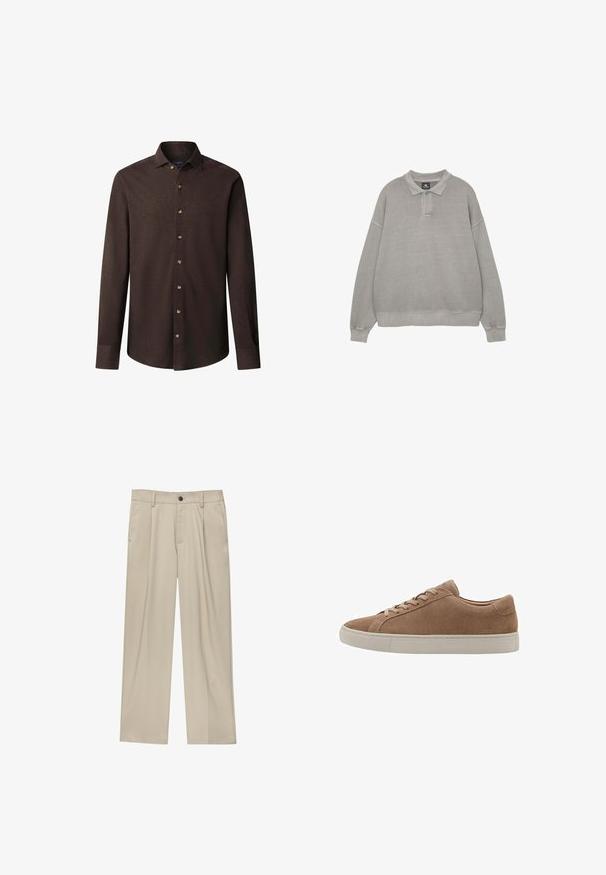 Grijze pullover sweatshirt met een polo-kraag, een placket met twee knopen, verlaagde schouders, geribbelde manchetten en zoom. Gemaakt van zacht, textuurstof.; Donkerbruine, lange mouwen, button-up shirt met een puntige kraag en een subtiele geborduurde logo op de linkerborst.; Beige broek met een rechte snit, voorzien van een enkele zwarte knoop, riemlussen en zijzakken. Glad stoffen textuur en een minimalistisch ontwerp.; Bruine suède low-top sneaker met beige rubberen zool en bijpassende bruine veters, afgebeeld in profiel tegen een witte achtergrond.