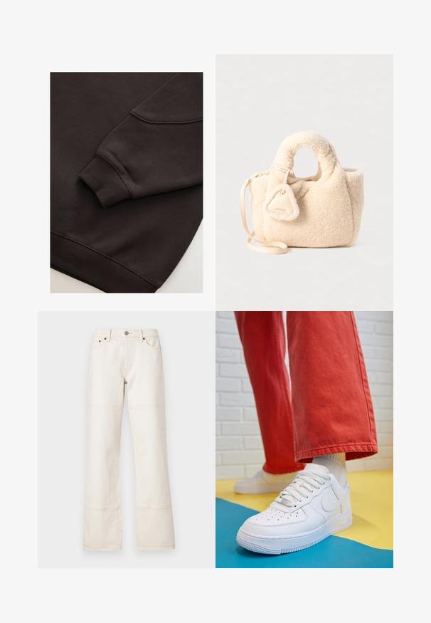 Tmavě hnědá mikina se žebrovanými manžetami a lemováním. Hladká textura s kulatým výstřihem a viditelným švem na rukávu.; Džínsy s širokými nohavicemi a vysokým pasem vyrobené z béžového denimu. Obsahují kapsy, zapínání na předním knoflíku a kontrastní prošívání podél švů.; Bílé kožené tenisky s perforovanou špičkou, texturovanou podešví a bílými tkaničkami, v kombinaci s širokými červenými kalhotami a modro-žlutým pozadím.; Beige kabelka z imitace beránka s plyšovou texturou, kulatými držadly, odnímatelným ramenním popruhem a trojúhelníkovou dekorativní visačkou.