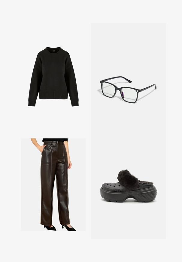 Zwarte gebreide trui met een ronde halslijn, verlaagde schouders en geribbelde onderrand. De stof heeft een zachte textuur en een relaxte pasvorm.; Bruine neplederen wijde broek met een gladde afwerking, voorzakken en een hoge taille, met gestikte details langs de naden.; Zwarte klompen met een zachte, donzige bovenband, voorzien van perforaties aan de voorkant en een gestructureerde hak voor grip. Lichtgewicht en gemakkelijk aan te trekken ontwerp.; Zwarte rechthoekige brillen met heldere glazen, voorzien van gouden accenten op het montuur en een lichte paarse tint op één glas.; Beige schoudertas met "SAMSOE" twee keer gedrukt, tan slippers met witte bontafwerking, witte sokken en een bruine schapenvachtjas op een houten oppervlak.