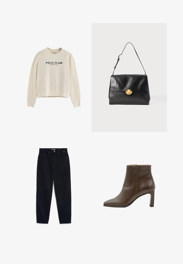 Sudadera de color beige claro con cuello redondo, mangas largas y un diseño corto; presenta el texto "POLO CLUB" y "ESTABLECIDO EN 2012" en color navy y rojo.; Camisa de botones de manga larga, hecha de una tela ligera, con rayas verticales en tonos azul marino y crema, un dobladillo curvado y un bolsillo en el pecho.; Jeans de mezclilla negra con pierna recta, diseño de cinco bolsillos y cierre de botón. La tela tiene una textura suave y costuras mínimamente visibles.; Botín de cuero marrón con punta afilada, tacón cuadrado y cremallera lateral, mostrado sobre un fondo blanco.; Bolso de mano de cuero negro con una forma estructurada, parte superior plana y un cierre circular dorado. Cuenta con una sola correa para el hombro para llevar.