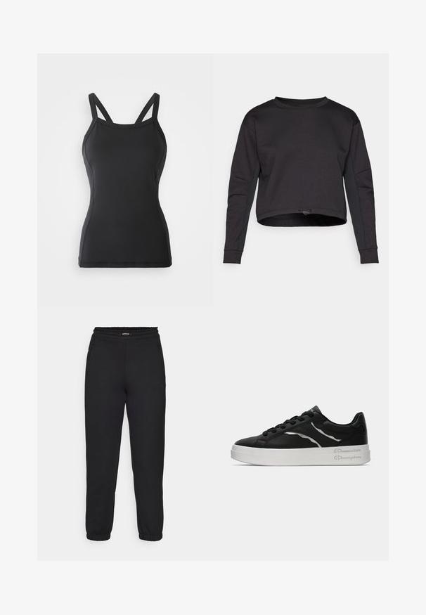 Černá mikina s kratším střihem, dlouhými rukávy, kulatým výstřihem a bočními panely. Vyrobena z měkkého, elastického materiálu. Nastavitelný šňůrkový lem.; Černý top bez rukávů s přiléhavým střihem, vyrobený z hladké látky. Má tenké nastavitelné ramínka a zaoblený výstřih. Žádné vzory ani akcenty.; Champion C-TECH CUFFED PANTS INTERLOCK - Teplákové kalhoty - black; Černé kožené tenisky s bílou podrážkou, s tenkými stříbrnými akcenty a šněrovacím designem. Hladký povrch s logem na patě.