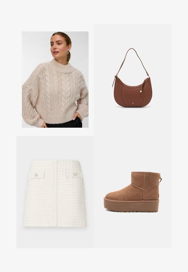 Sieviete, ģērbusies krēmkrāsā chunky adītā džemperī ar augstu, apaļu apkakli un garām pūkainām piedurknēm, stāv ar vienu roku melno bikses kabatā.; Balta tweed mini svārki ar faktūru, pārbaudītu rakstu. Iekļauj divas priekšējās kabatas ar dekoratīvām pogām. Tieša apakšmala.; Bēša zamšadeguna potīte ar platformas zoli, apaļu purngalu un šuvju akcentiem; aizmugurē ir vilkšanas cilpa, kas nodrošina ērtu uzvilkšanu.; Brūns mākslīgās ādas pleca soma ar izliekta forma, minimāls šuvums un zelta toņa aparatūras akcenti. Aprīkota ar augšējo rāvējslēdzēju un regulējamu siksnu.